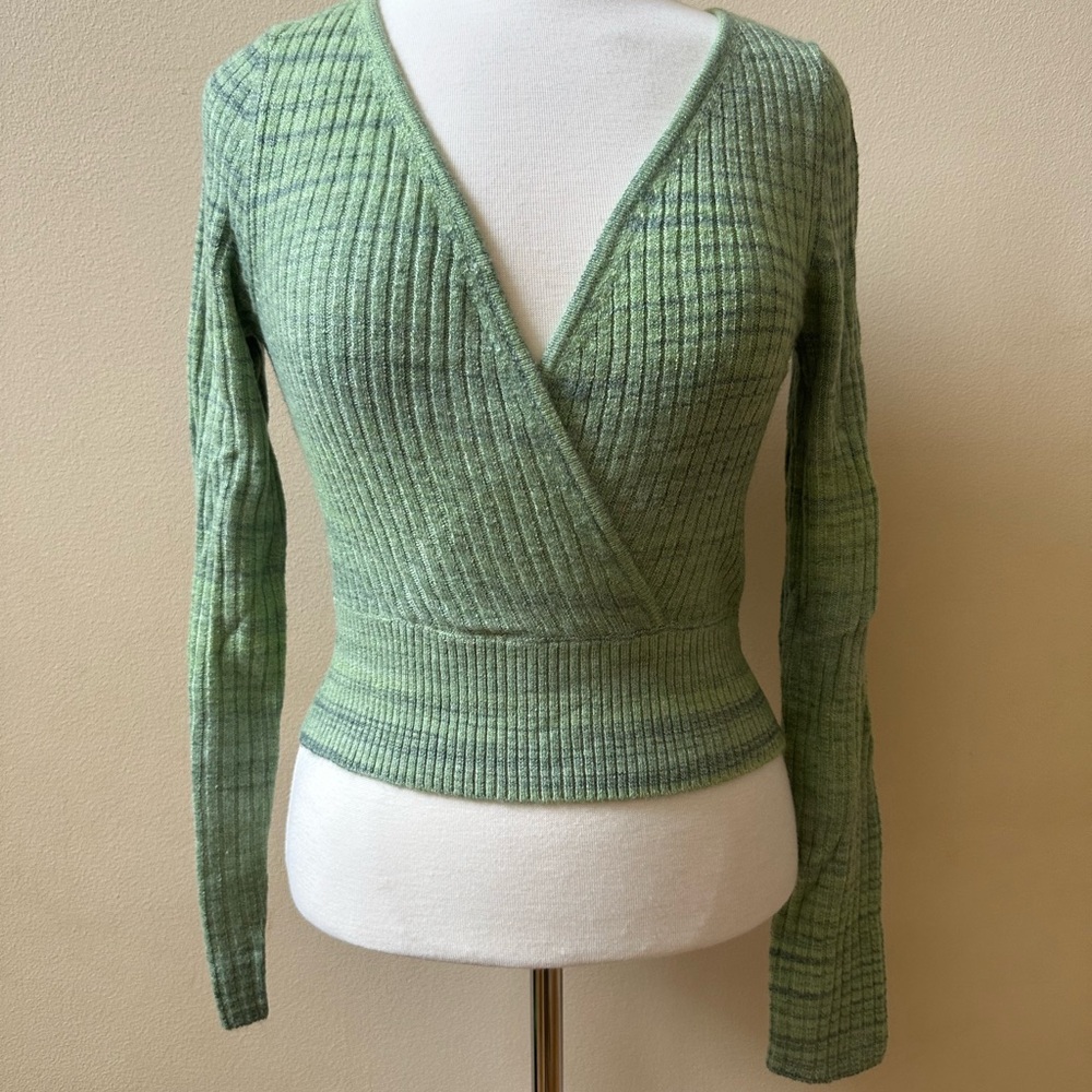 Green Ribbed Wrap Sweater